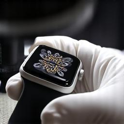Ruka v bílé rukavici drží Apple Watch a kontroluje kvalitu gravírování lupou, pro finální kontrolu.