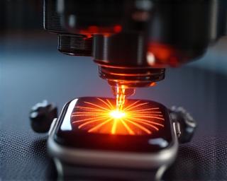 Záblesk laseru gravírujícího povrch Apple Watch, symbolizující precizní realizaci designu.