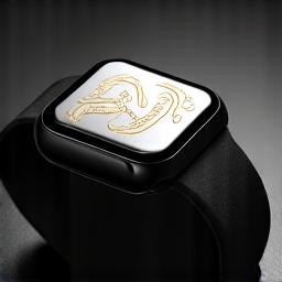 Detailní 3D grafický render Apple Watch s aplikovaným kaligrafickým designem, pro digitální vizualizaci.