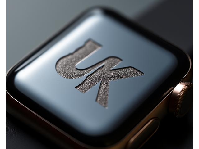 Detailní záběr na kaligrafický monogram 'UK' vygravírovaný na pouzdře Apple Watch, s jemným odleskem kovu.