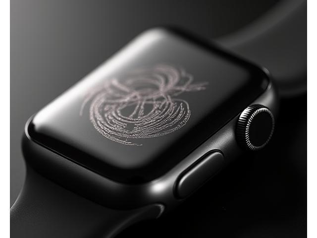 Kaligrafické gravírování abstraktního symbolu na boku Apple Watch Ultra 3, odrážející umělecký detail.