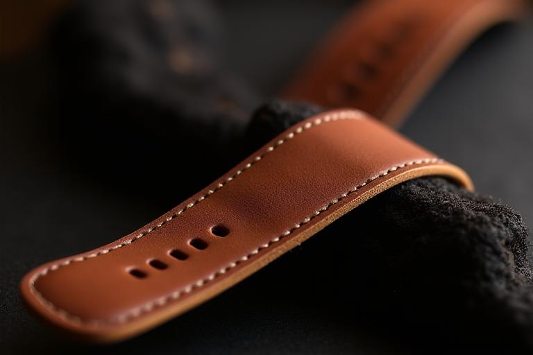 Elegantní ručně vyrobený kožený řemínek pro Apple Watch, s precizním prošíváním a viditelnou texturou kůže.